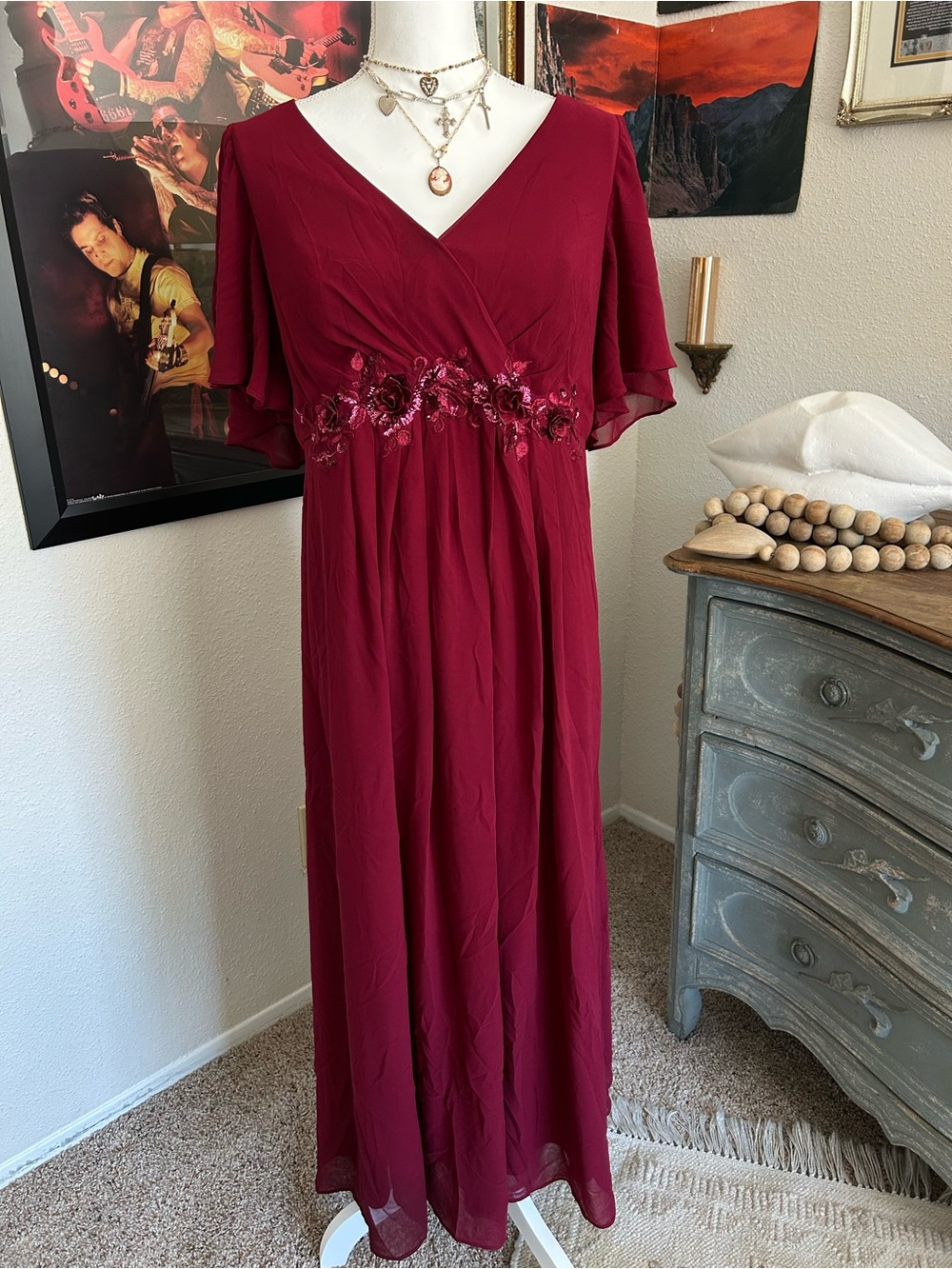 Whimsigoth Romantic Dress Size 4XL Burgundy Embroidered Formal Gown Bridesmaid